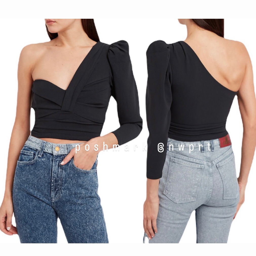 A.L.C. Lizzy Black One Sleeve Puff Shoulder Crop Top Blouse Xs 0